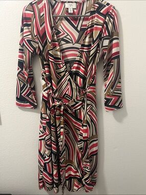 LOFT Multicolor Geometric Wrap Dress - Red, Black, Tan